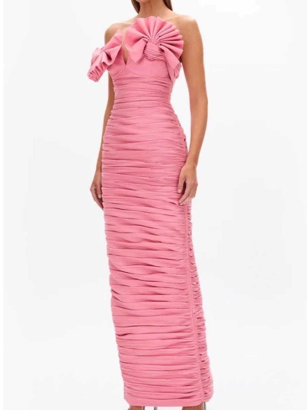 Rachel Gilbert Pink One-Shoulder Ruched Column Gown with Sculptural Bow